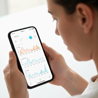 Person looking at a health tracking app on a smartphone, displaying graphs of metabolic markers, clean image, no text, no words, no typography