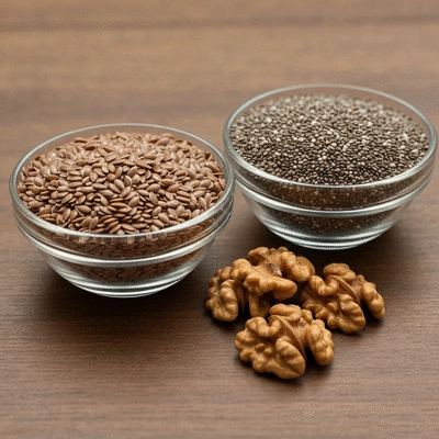 A clear glass bowl filled with flaxseeds, another with chia seeds, and a small pile of walnuts on a wooden table, representing plant-based omega-3 sources