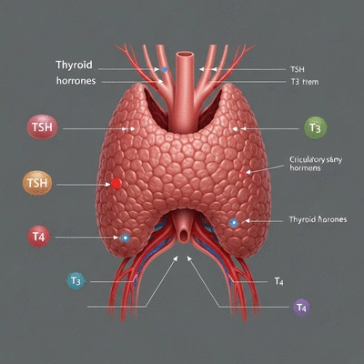 Detailed illustration of the thyroid gland and associated hormones (TSH, T3, T4) with arrows indicating their functions, clean image