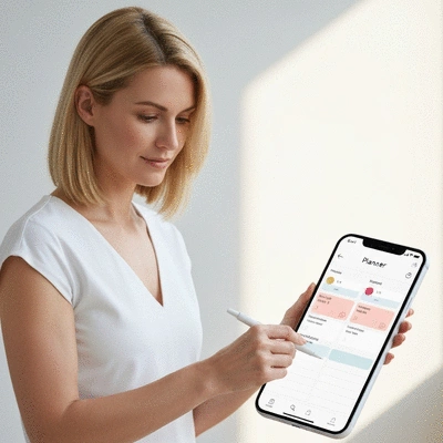 Woman tracking her eating schedule on a planner or app, illustrating customization and flexibility, no text, no words, no typography, no labels, clean image