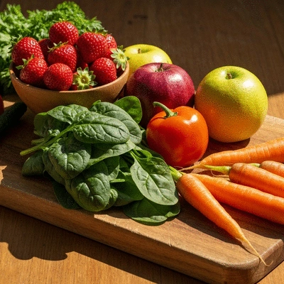 Assortment of fresh fruits and vegetables on a cutting board