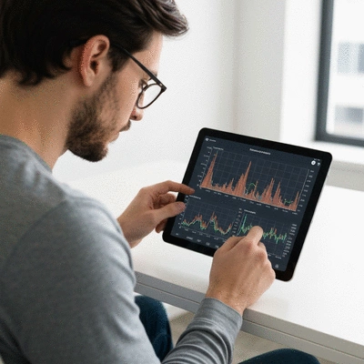 Person looking at data on a tablet, representing understanding the connection between fasting and cortisol