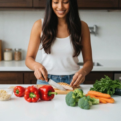 Person preparing a healthy meal with various ingredients on a kitchen counter