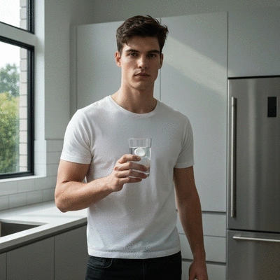 Person drinking water with electrolytes during a fast, clean image