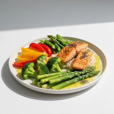 A colorful and balanced OMAD meal with protein, vegetables, and healthy fats, artfully arranged on a plate