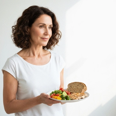 Woman holding a plate with a balanced meal, representing healthy eating habits