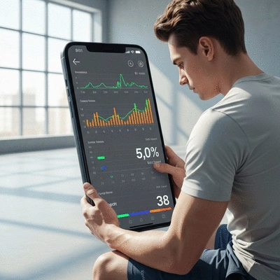 Athlete tracking progress on a fitness app, showing graphs and data