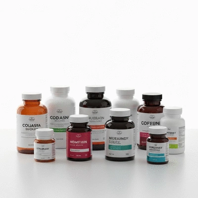 Various supplement bottles neatly arranged on a clean, bright surface, no text, no words, no typography, 8K