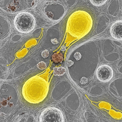 Microscopic view of cells undergoing autophagy, with lysosomes breaking down cellular debris, clean image, no text, no words, no typography