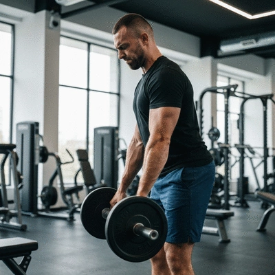 Person lifting weights in a gym, focusing on strength training with proper form
