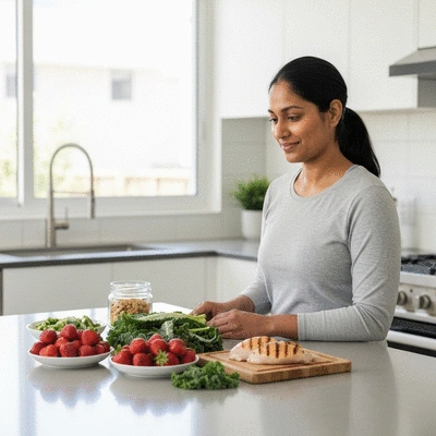 Person looking at healthy food options, representing fasting as a strategy for leptin reset