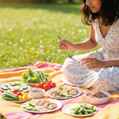 Person enjoying a healthy, colorful Mediterranean meal outdoors, emphasizing mindful eating