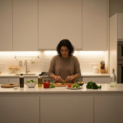 Person preparing a healthy meal with fresh vegetables, lean protein, and healthy fats, representing a personalized nutrition plan.