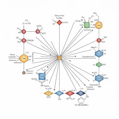 Scientific illustration of metabolic pathways, showing glucose and fat metabolism with arrows indicating shifts during fasting, clean image, no text, no words, no typography