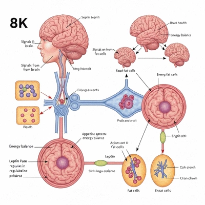 Scientific illustration of leptin hormone regulating appetite and energy balance