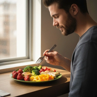 Person enjoying a balanced meal with whole foods, colorful plate, natural light, no text, no words, no typography, no labels, clean image