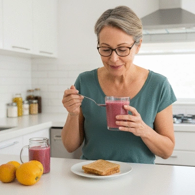 Person eating a healthy breakfast during daylight hours, illustrating circadian rhythm alignment