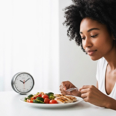 Person looking at a healthy meal with a clock in the background, symbolizing intermittent fasting with no text, no words, no typography, clean image