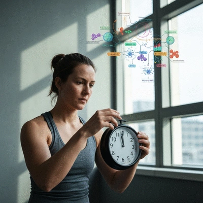 Person looking at a clock, symbolizing the timing of intermittent fasting, with metabolic health concepts in the background, no text, no words, no typography, 8K, natural lighting