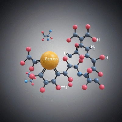 Scientific illustration of estrogen and insulin molecules interacting within a biological system, representing metabolic health