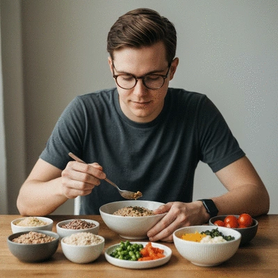 Person thoughtfully considering a healthy meal, representing informed dietary choices