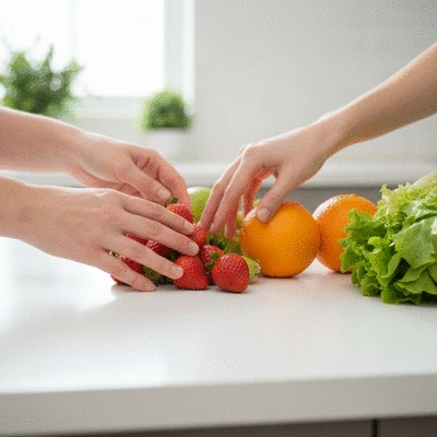 Person choosing healthy foods like fruits and vegetables, emphasizing nutrient-rich diet