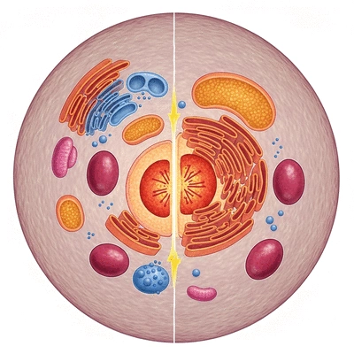 Scientific illustration of cellular autophagy with damaged cells being recycled, no text, no words, no typography, clean image