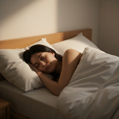 Person sleeping peacefully in a bed with soft lighting