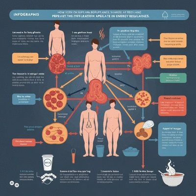 Infographic showing the balance of hormones like ghrelin and leptin, with arrows indicating their roles in hunger and satiety, no text, no words, no typography
