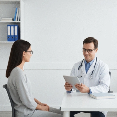 Person consulting with a healthcare professional on a tablet, discussing health metrics, clean image