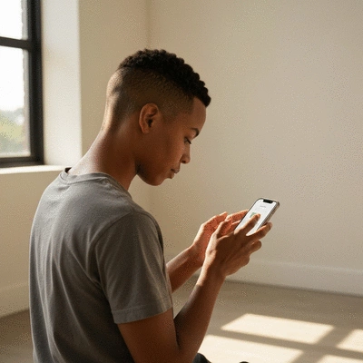 Person using meditation or mindfulness app on phone, serene setting, no text, no words, no typography, no labels, clean image
