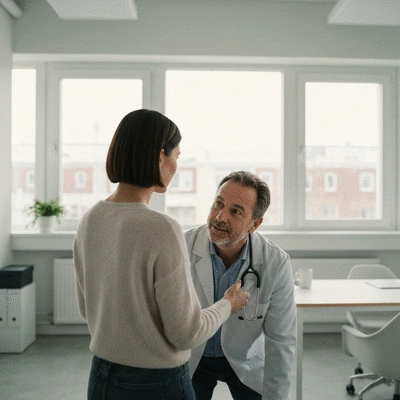 Woman consulting with a healthcare professional about intermittent fasting, clean modern office, no text, no words, no typography