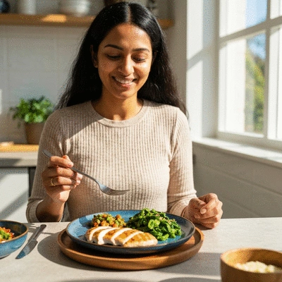 Person enjoying a balanced, nutrient-dense meal after a fast