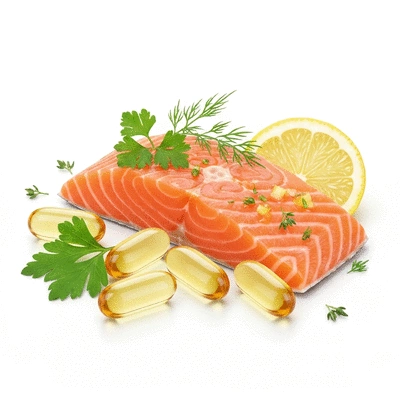 Omega-3 fish oil capsules next to a piece of salmon with lemon and herbs