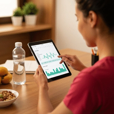 Person tracking nutrition and fitness goals on a tablet, illustrating personalized nutrition strategy