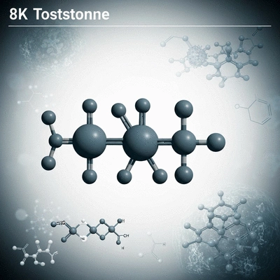 Scientific illustration of testosterone molecule interacting with metabolic pathways