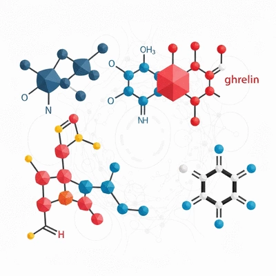 Scientific illustration of various metabolic hormones (insulin, ghrelin, leptin) represented by abstract molecular structures, with a subtle background suggesting cellular activity