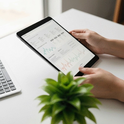 Hands holding a tablet displaying health data and a small plant, symbolizing personalized health approach. Clean image, no text, no words.