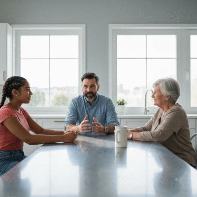 Diverse group of people of different ages and genders discussing healthy eating habits