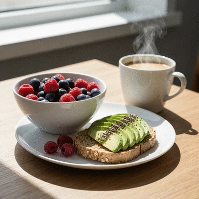 A vibrant and healthy breakfast spread with fresh fruits, yogurt, granola, and whole-grain toast, indicating metabolic activation