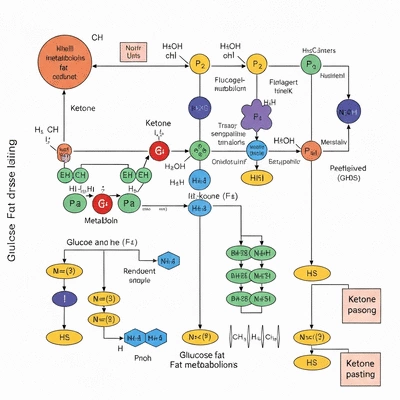 Scientific illustration of metabolic pathways showing glucose and fat metabolism, with ketones being produced during fasting, clean image