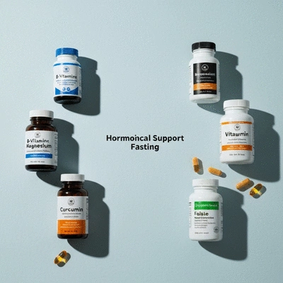 Arrangement of various supplement bottles and capsules (B-Vitamins, Magnesium, Vitamin D3, Curcumin, Folate) on a clean, light background, representing hormonal support during fasting