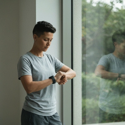Person looking at their watch to track fasting window, clean background, no text, no words, no typography