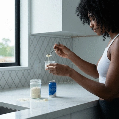 A person measuring electrolyte powder with a spoon, preparing a drink for fasting, clean and modern setting