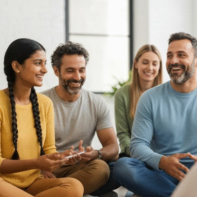 People sharing experiences in a supportive group setting, focused on health and wellness