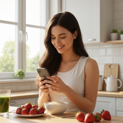 Person tracking calories on a smartphone, with healthy food items visible around