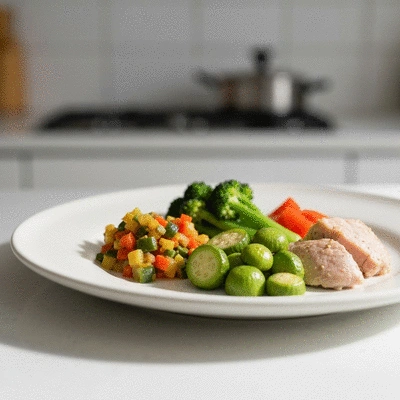 Small, nutrient-dense meal portions on a plate, illustrating refeeding after a fast