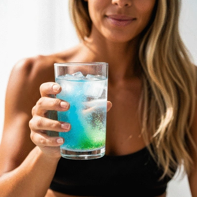 Person holding a glass of water with electrolyte powder dissolving in it, symbolizing hydration during fasting
