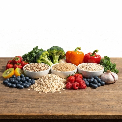 Variety of low-glycemic foods like whole grains, vegetables, and fruits on a wooden table