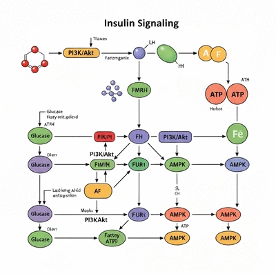 Scientific illustration of insulin signaling pathways, showing PI3K/Akt and AMPK with glucose and fat metabolism icons, no text, no words, no typography, clean image